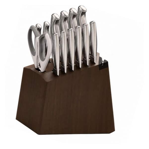 15-Piece Silver Stainless Steel Kitchen Knife Set Block and Built-in Sharpener, Knife Block Set with Ergonomic Handle