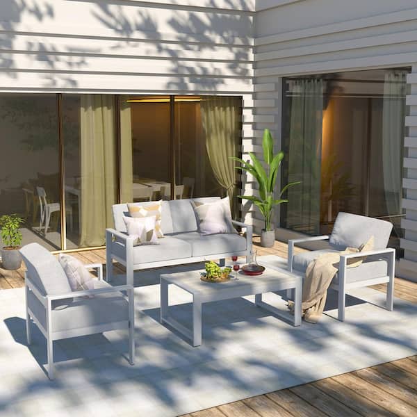 GARSING 4-Piece Aluminum Patio Conversation Deep Seating Set with Light Gray Cushions