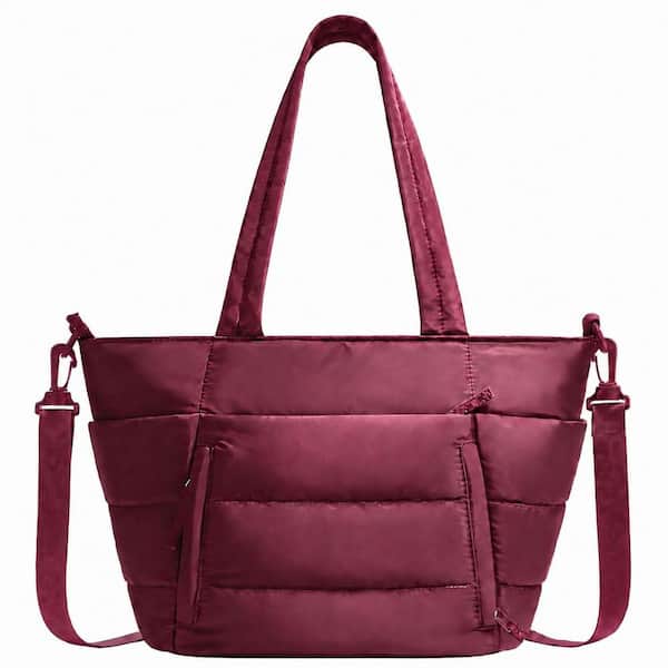 Burgundy Quilted Reusable Lunch Bag Tote Cooler with 7 Pockets and Adjustable Strap for Work Travel