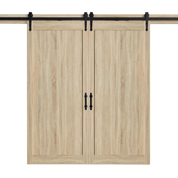 OVE Decors Cooper 36 in. x 84 in. Double Sliding Barn Door in Textured French Oak Wood with Victorian Soft Close Hardware Kit