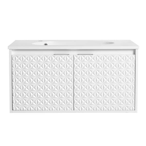 Boosicavelly 35.80 in. W 18.20 in. D 18.50 in. H Single Sink Wall Mounted Bath Vanity in White with White Resin Top