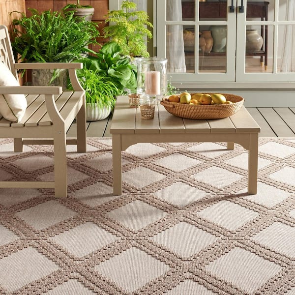 Martha Stewart Indoor Outdoor Beige/Brown 7 ft. x 7 ft. Ornate Oversized Diamond Indoor/Outdoor Square Area Rug
