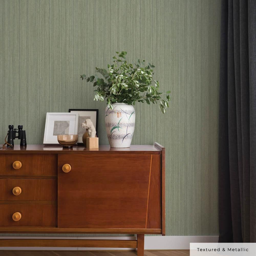 Green Textured Grasscloth Peel and Stick Wallpaper Roll