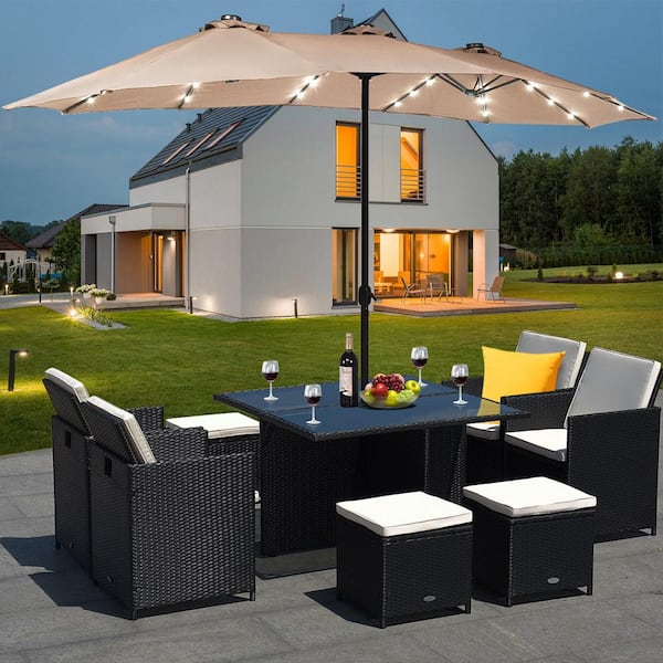 15 ft. Market Double-Sided Solar Crank 36-Lights Base LED Patio Umbrella in Beige