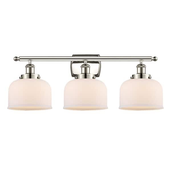 Bell 28 in. 3-Light Polished Nickel, Matte White Vanity Light with White Glass Shade