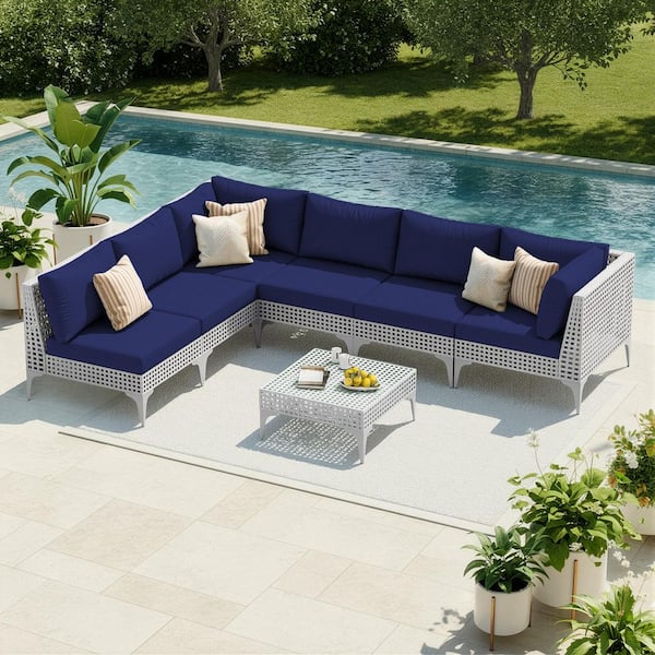FINCATI 7-Piece Outdoor Wide Rattan Sectional Sofa Set Wicker Patio Conversation Set with Navy Blue Cushions and Coffee Table