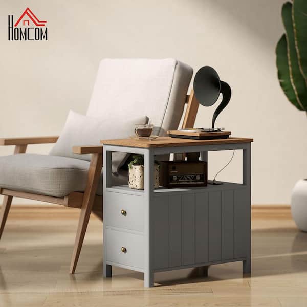 HOMCOM Modern End Table with Charging Station and USB Ports, Narrow Side Table with Drawers and Shelf for Living Room