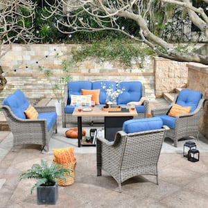 Verona Grey 5-Piece Wicker Outdoor Patio Conversation Sofa Loveseat Set with a Storage Fire Pit and Sky Blue Cushions