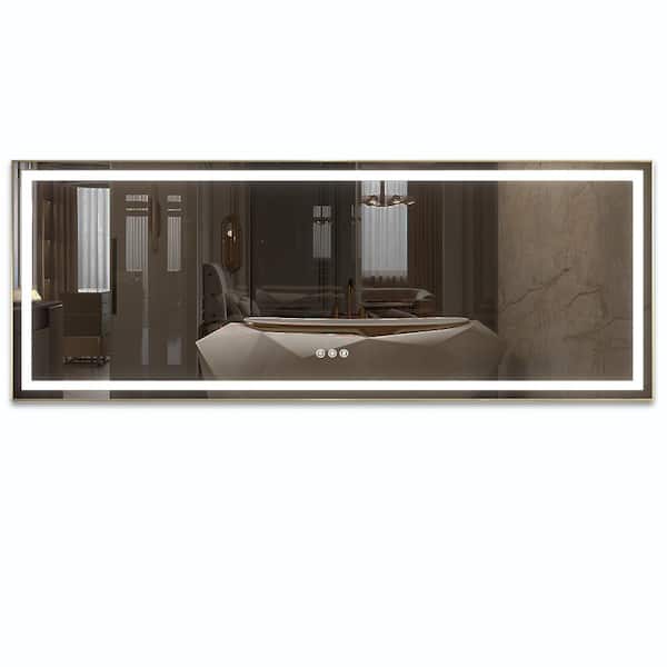 96 in. W x 36 in. H Large Rectangular Metal Framed Dimmable AntiFog Wall Mount LED Bathroom Vanity Mirror in Gold