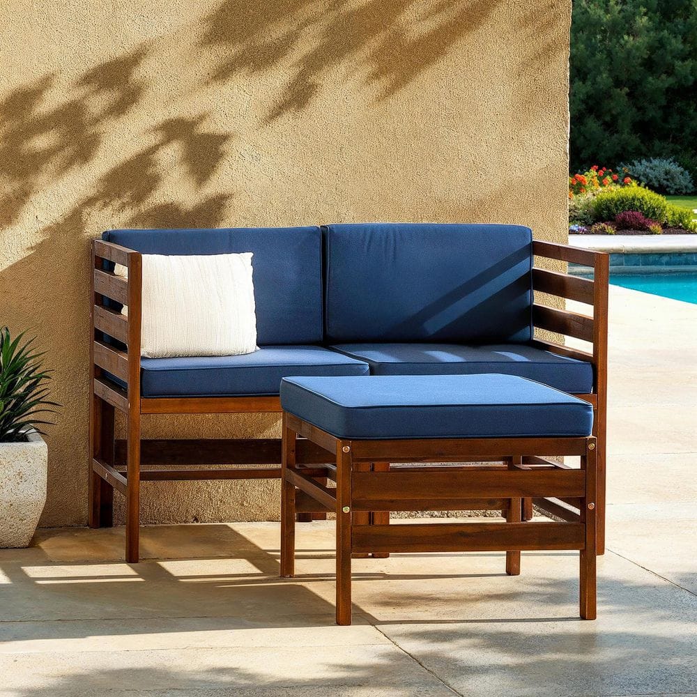Dark Brown 3-Piece Acacia Wood Modular Patio Conversation Set with Navy Cushion price history on PriceWatchPro