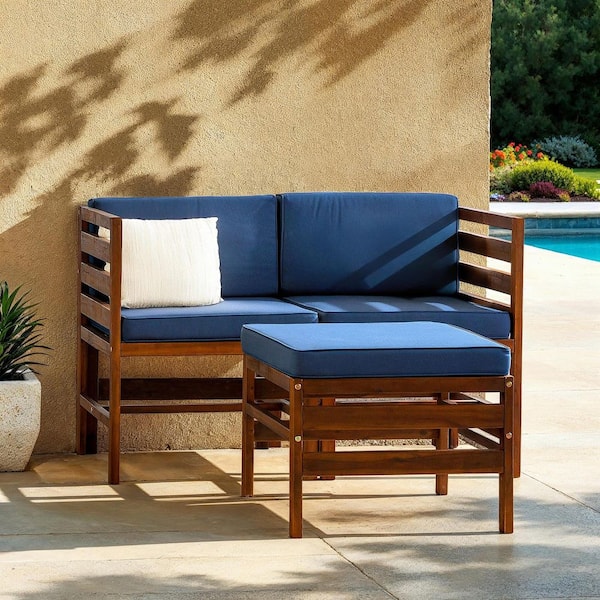 Walker Edison Furniture Company Dark Brown 3-Piece Acacia Wood Modular Patio Conversation Set with Navy Cushion