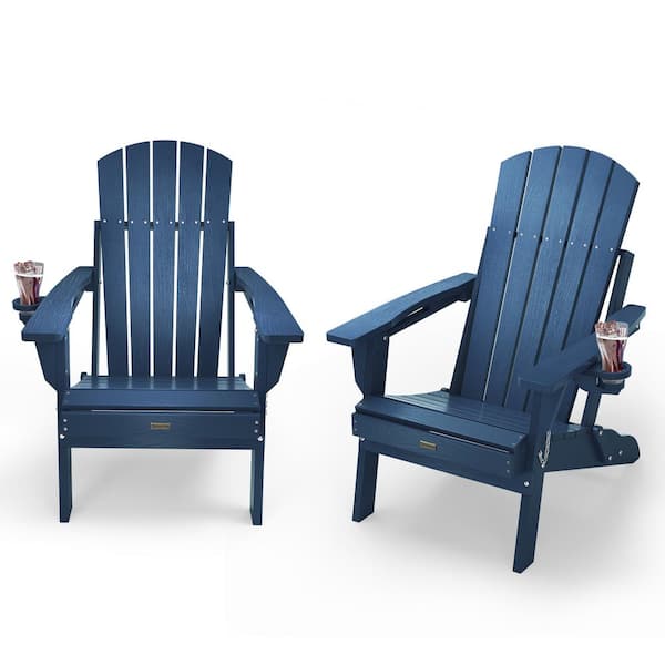 Mximu Navy HDPE Outdoor Folding Plastic Adirondack Chair with Cupholder(2-Pack)