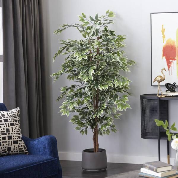 Litton Lane 73 in. H Ficus Artificial Tree with Realistic Leaves and Black Plastic Pot