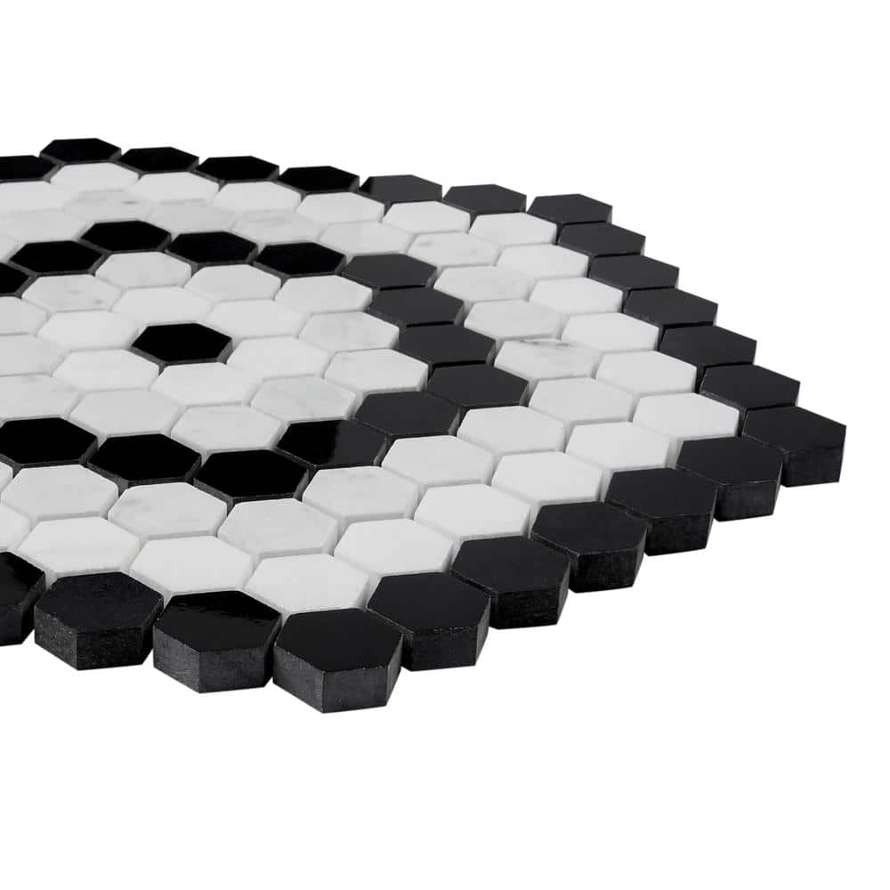 Hyperion Black and White Hexagon Marble Mosaic Tile Sheet