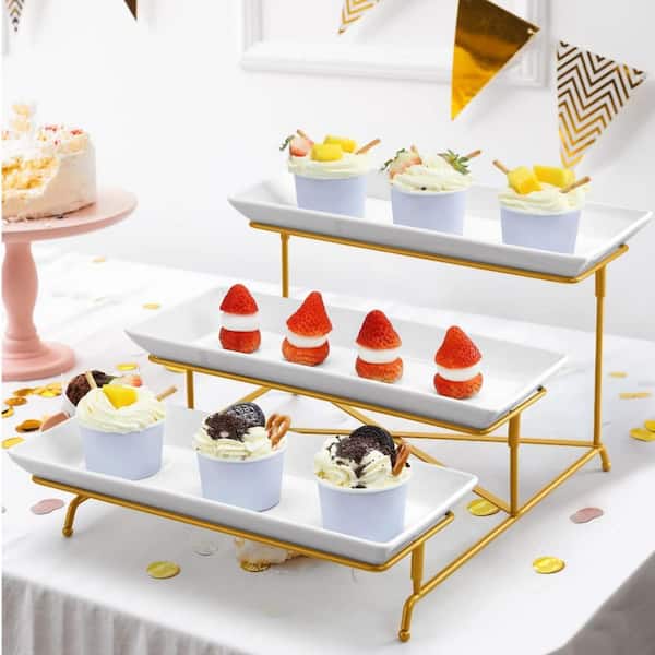 Angel Sar 14 in. Porcelain 3-Tier Rectangular Serving Tray Set
