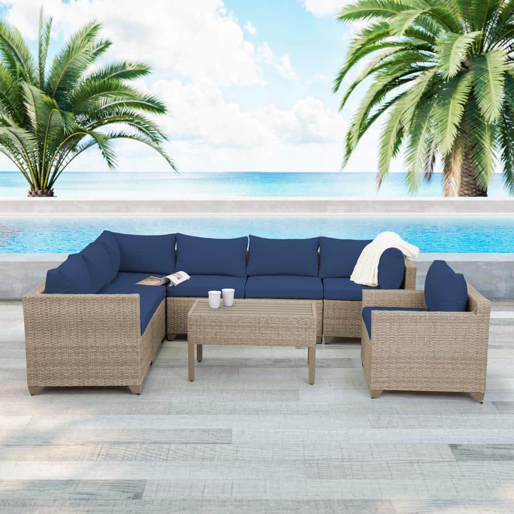 Maui 8-Piece Wicker Patio Conversation Set with Cobalt Cushions