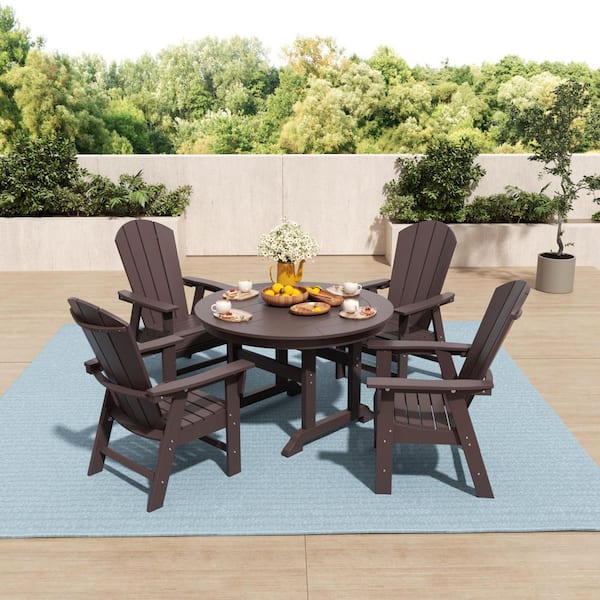 Laguna Outdoor Patio Adirondack Weather Resistant Dark Brown 5-Piece HDPE Plastic Round Table Dining Set