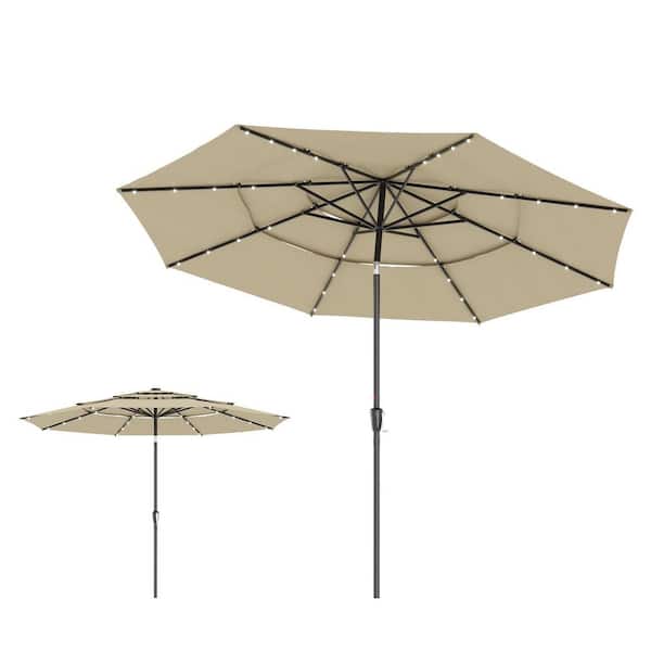 11 ft. 3-Tier Cantilever Umbrella with 32 Solar Lights, Outdoor Patio Umbrella for Backyard, Deck, Poolside in Khaki