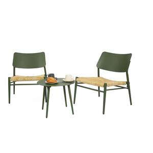 3-Piece Green Aluminium Outdoor Bistro Set with Yellow Handwoven Seat and Round Table