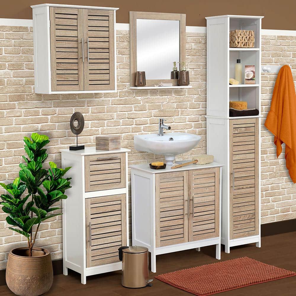 White and Oak Freestanding Bathroom Cabinet with Adjustable Shelving