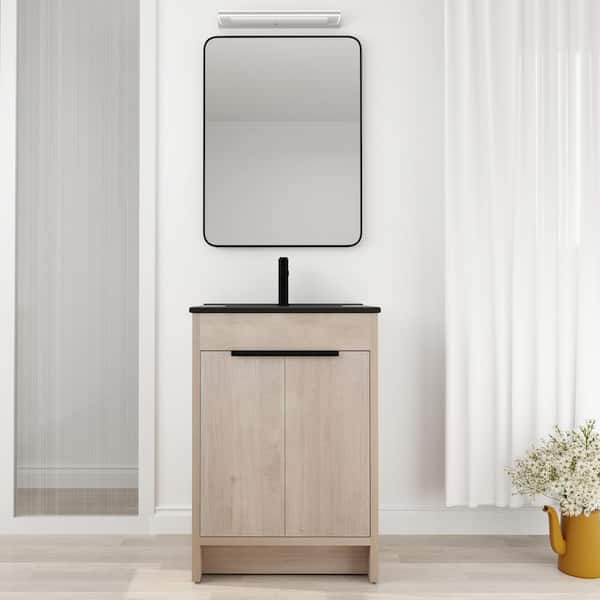 Unbranded 24 in. W x 18 in. D x 34 in. H Freestanding Single Sink Bath Vanity in Plain Light Oak with Black Ceramic Top
