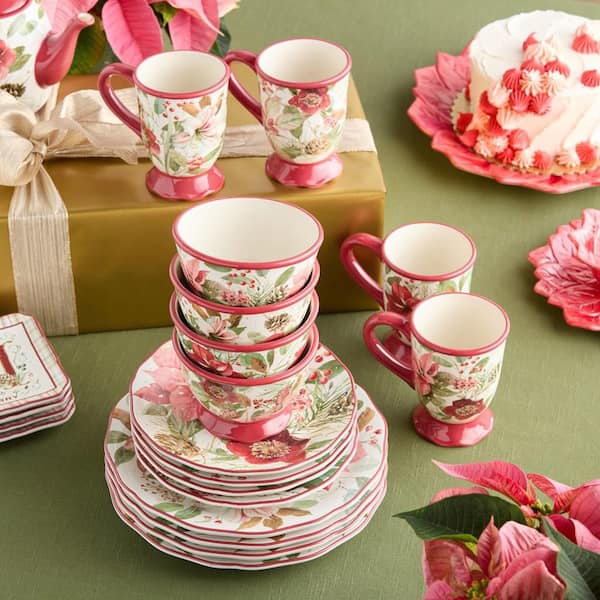 Winter Blooms 16-Piece Ceramic Assorted Colors Dinnerware Set (Service Set for 4)