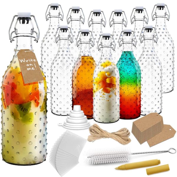 17 oz. Dotted Round Swing Top Glass Bottles with Funnel, Bottle Brush and Glass Marker (Set of-12)