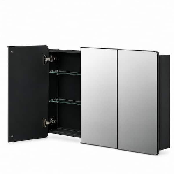 3-Door Aluminum Bath Rectangular Medicine Cabinet, 40 in. W x 25.5 in. H Mirrored Door Cabinet w/ Adjustable Glass Shelf