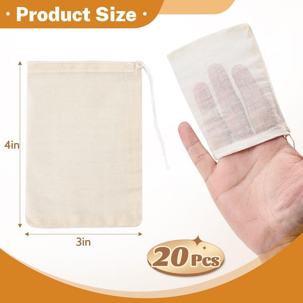 Cotton Muslin Bags with Drawstring, Reusable for Tea, Spice, Cooking Soup, Herb, Straining, Sachet Bags (20-Pack)