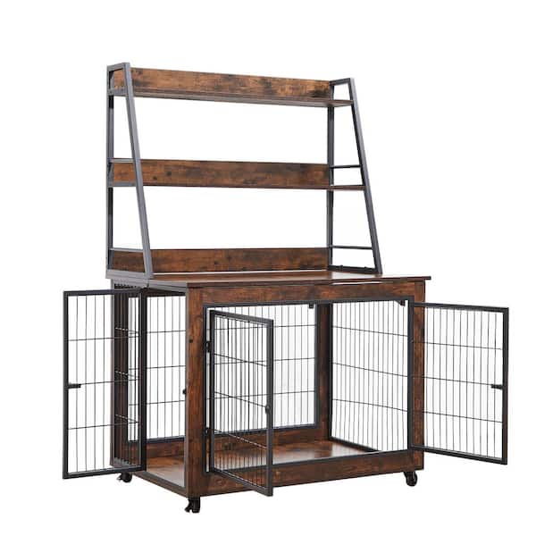 Foobrues Furniture Style Dog Crate Side Table with Shelves, Equipped With Double Doors and a Raised Roof