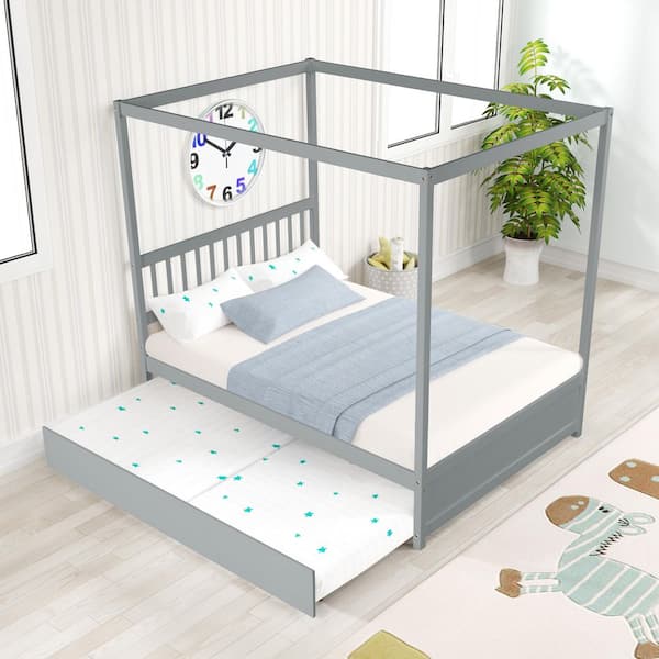 Gray Wood Frame Full Size Platform Bed with Twin Size Trundle and Canopy