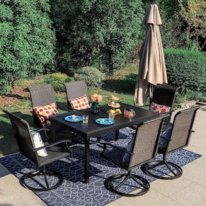 7-Piece Patio Outdoor Dining Set with Rectangle Extensible Table and Rattan Swivel Chair