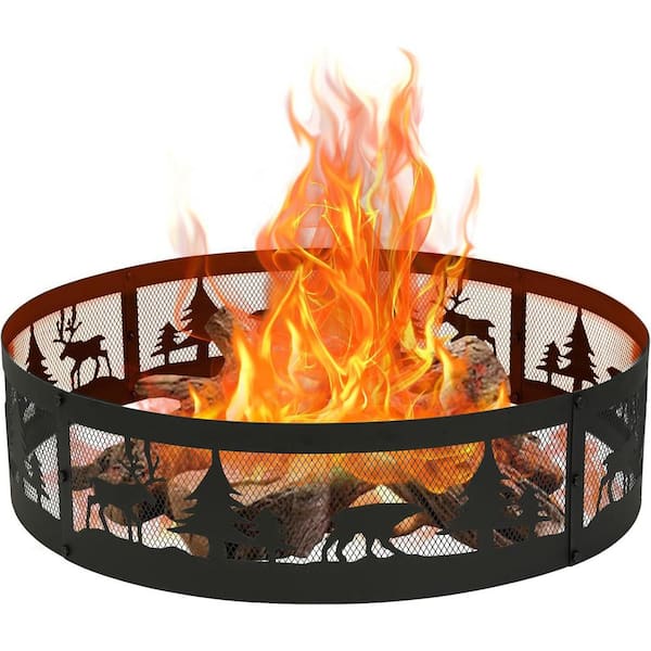 36 in. Metal Wood Burning Outdoor Fire Pit Ring Round Wildlife Campfire Ring for Outdoor Camping