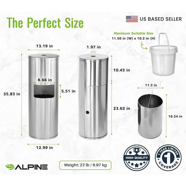 Standing Stainless Wipes Dispener, 12 x 12 x 36, Cylindrical, 5 gal, Stainless Steel