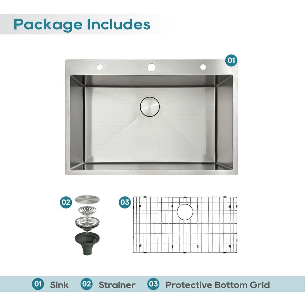 33" Brushed Stainless Steel Single Bowl Drop-In Kitchen Sink with Accessories