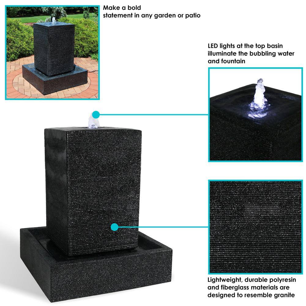 Large Dark Grey Polyresin Pillar Outdoor Water Fountain with LED Lights