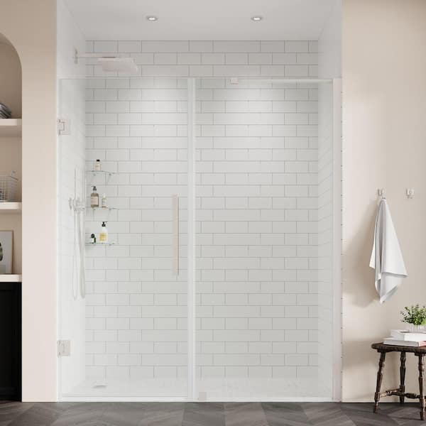 OVE Decors Tampa-Pro 59 1/4 in. - 60 3/8 in. W x 72 in. H Pivot Frameless Shower in Satin Nickel with Shelves