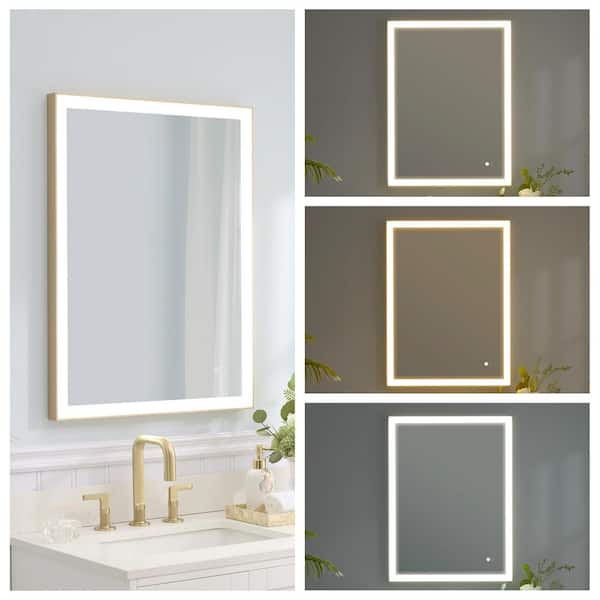 RECA 24 in. W x 32 in. H Rectangular Single Aluminum Framed Anti-Fog LED Light Wall Bathroom Vanity Mirror in Gold