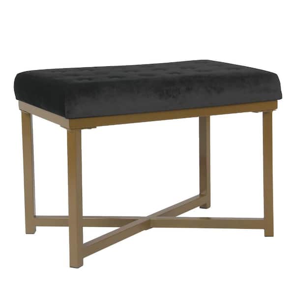 Benjara Black and Gold Velvet Rectangle Accent Ottoman