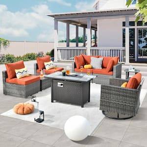 Daffodil H Gray 8-Piece Wicker Patio Fire Pit Conversation Sofa Set with a Swivel Rocking Chair and Orange Red Cushions