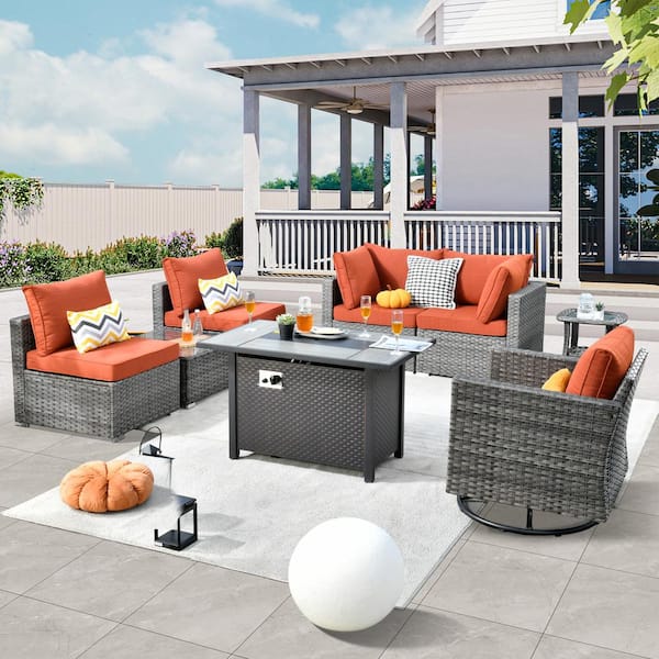 weaxty W Daffodil H Gray 8-Piece Wicker Patio Fire Pit Conversation Sofa Set with a Swivel Rocking Chair and Orange Red Cushions