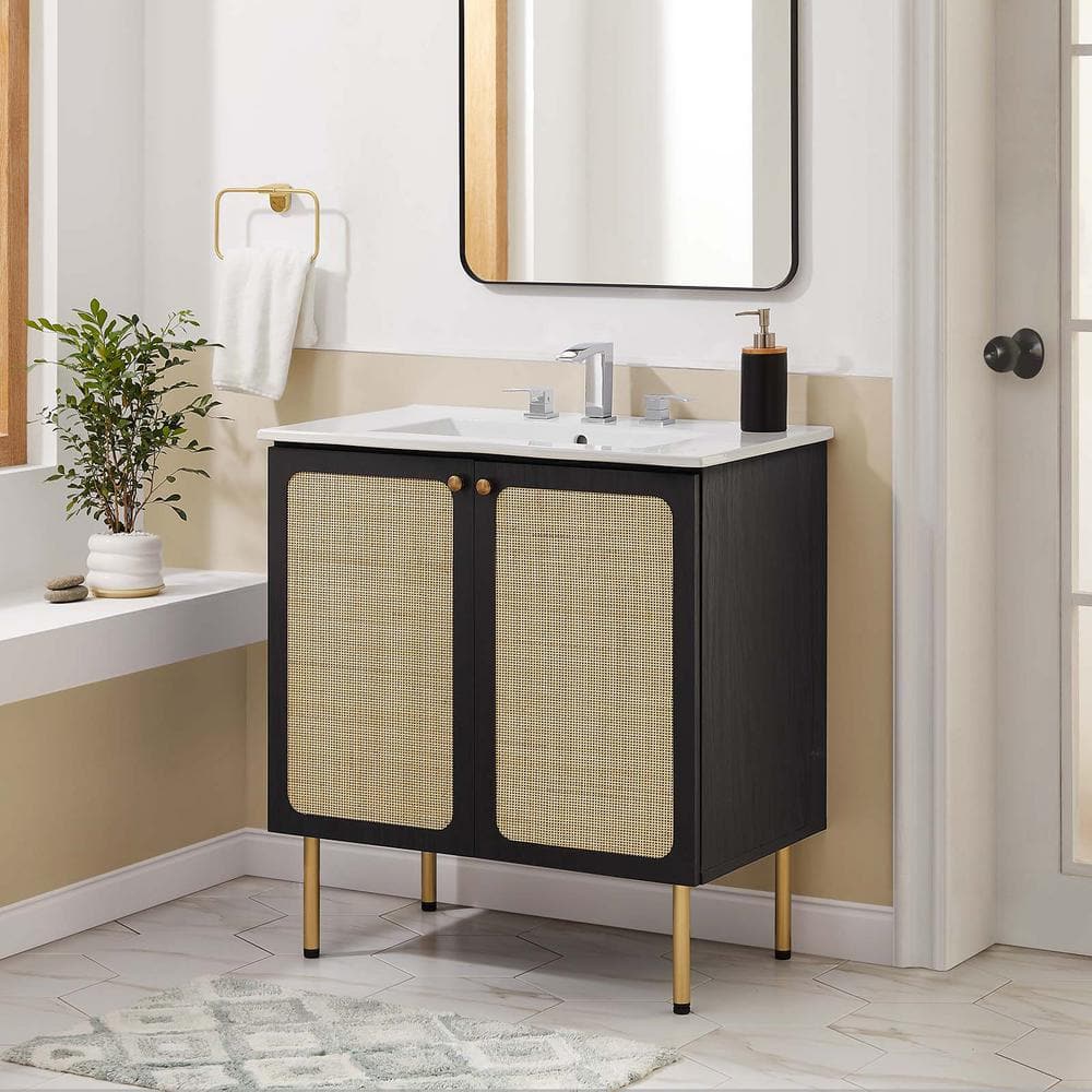 Chaucer Black Wood and Rattan 30" Bathroom Vanity Cabinet