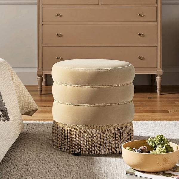 Edward 17.5 in. Round Performance Velvet Upholstered Ottoman with Bullion Fringe in Fawn Brown