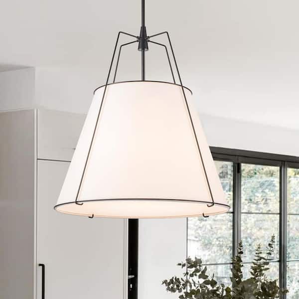 Haven 4-Light 23.6 in.W Matte Black Modern Farmhouse Drum Pendant Light with Fabric for Kitchen