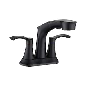 4 in. Centerset Double Handle Utility Sink Bathroom Faucet with Pull Out Sprayer in Matte Black
