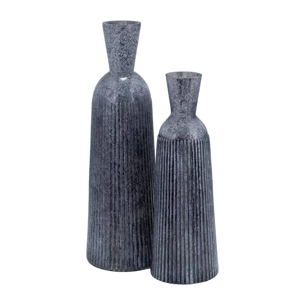 Tall Blue Grooved Glass Vase for Floral Arrangements