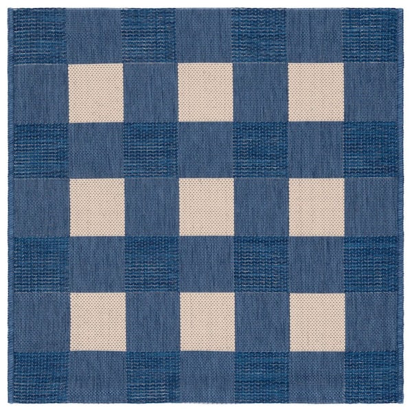 Courtyard Blue/Beige 3 ft. x 3 ft. Plaid Grid Indoor/Outdoor Square Area Rug