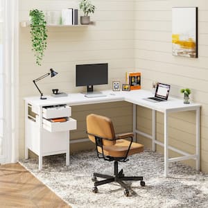 Perry 59 in. L-Shaped White Wood 3-Drawer Computer Desk for Home Office, Large Study Writing Table Workstation