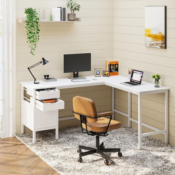 TRIBESIGNS WAY TO ORIGIN Perry 59 in. L-Shaped White Wood 3-Drawer Computer Desk for Home Office, Large Study Writing Table Workstation