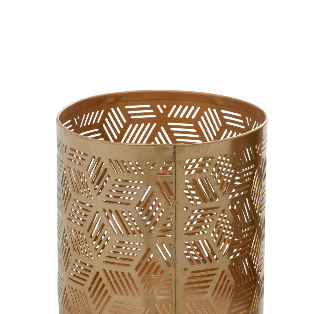 Gold Metal Geometric Cylinder Pencil Cup with Laser Carved Design